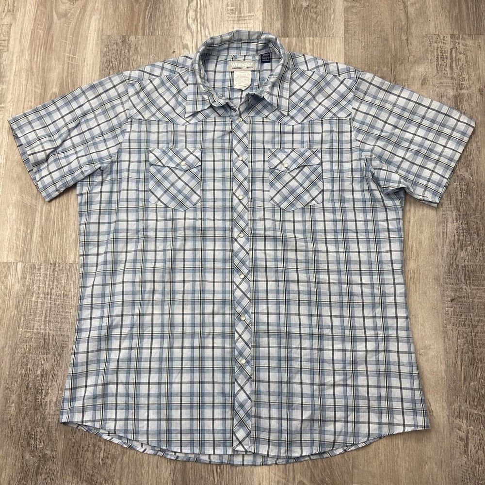 Wrangler Wrancher Short Sleeve‎ Shirt Mens 2XLT Tall Pearl Snap Blue Plaid
